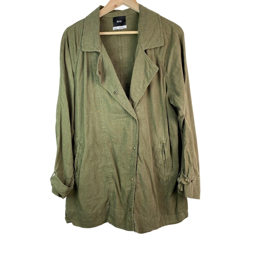 Urban Outfitter BDG Women L Green Linen Blend Lightweight Snap Front Jacket *‎